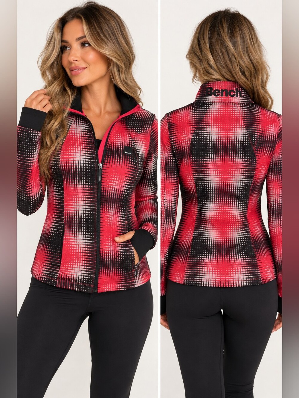 Bench Urbanwear Women’s Small Red Black Abstract Print Full Zip Jacket